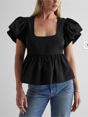Express Black Square-Neck Puff Sleeve Peplum Blouse | NWT | Large